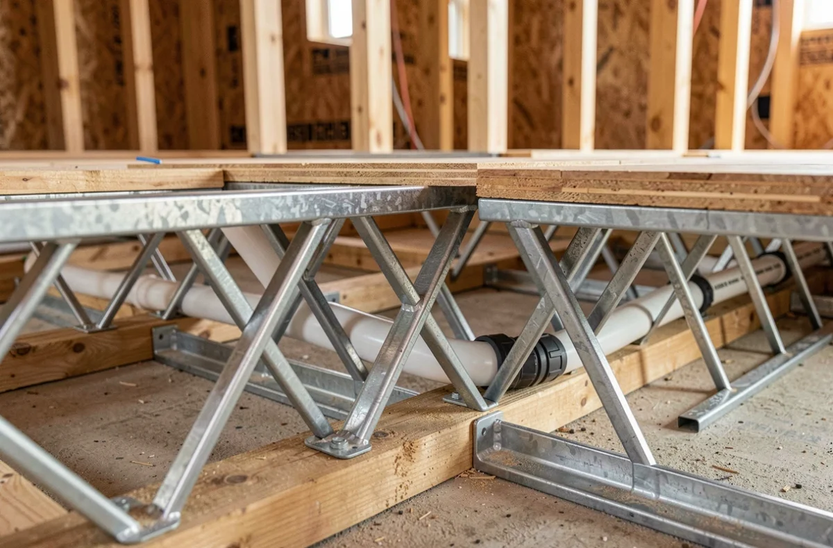 Détail de la structure en treillis d'une poutre POSI avec passages de réseaux intégrés dans un plancher
