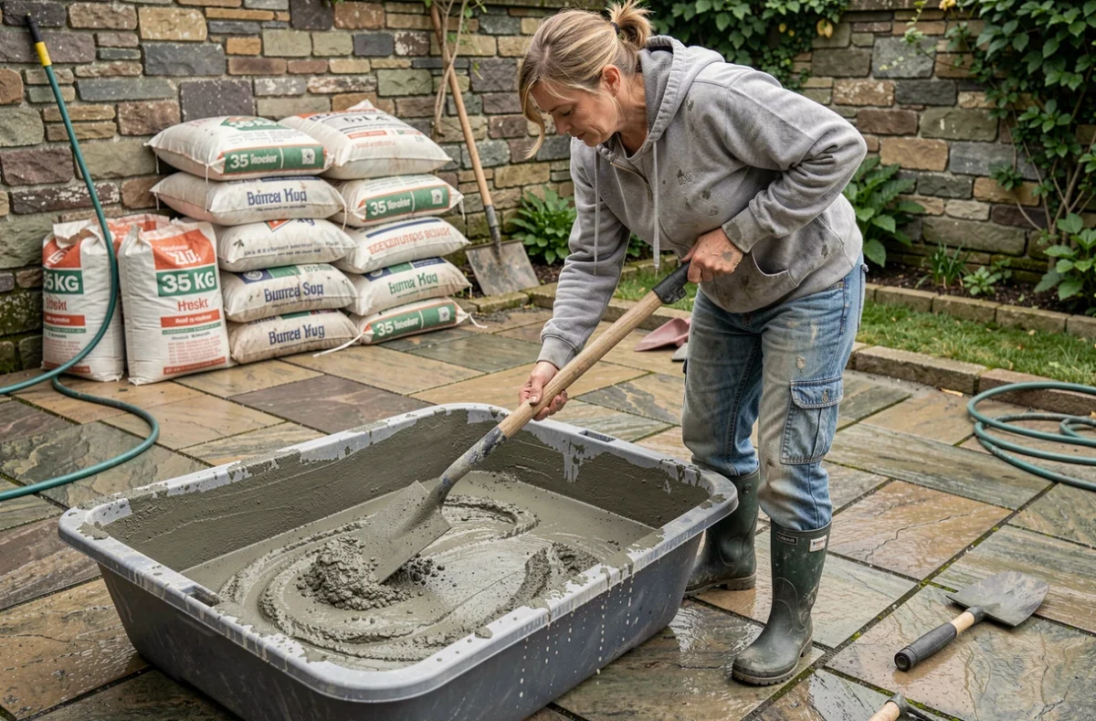 Femme mélangeant du béton dosé à la pelle dans une auge pour la réalisation d'une terrasse extérieure