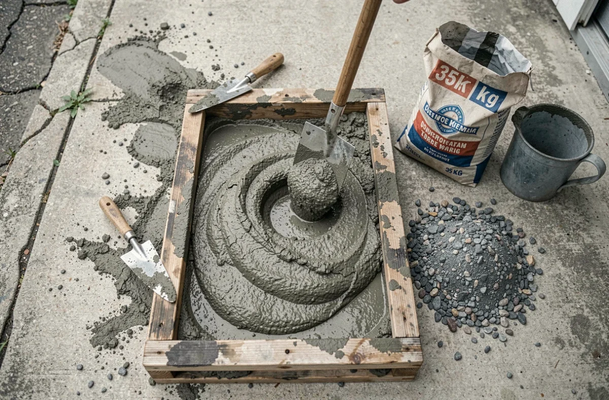 Gros plan sur le dosage du béton à la pelle sur une planche de gâchage avec sac de 35 kg pour allée carrossable