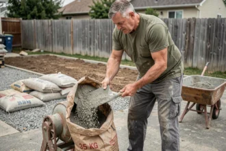 Homme dosant du béton à la pelle depuis un sac de 35 kg dans une bétonnière pour travaux de terrasse