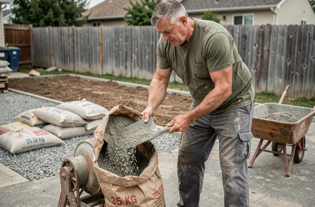 Homme dosant du béton à la pelle depuis un sac de 35 kg dans une bétonnière pour travaux de terrasse