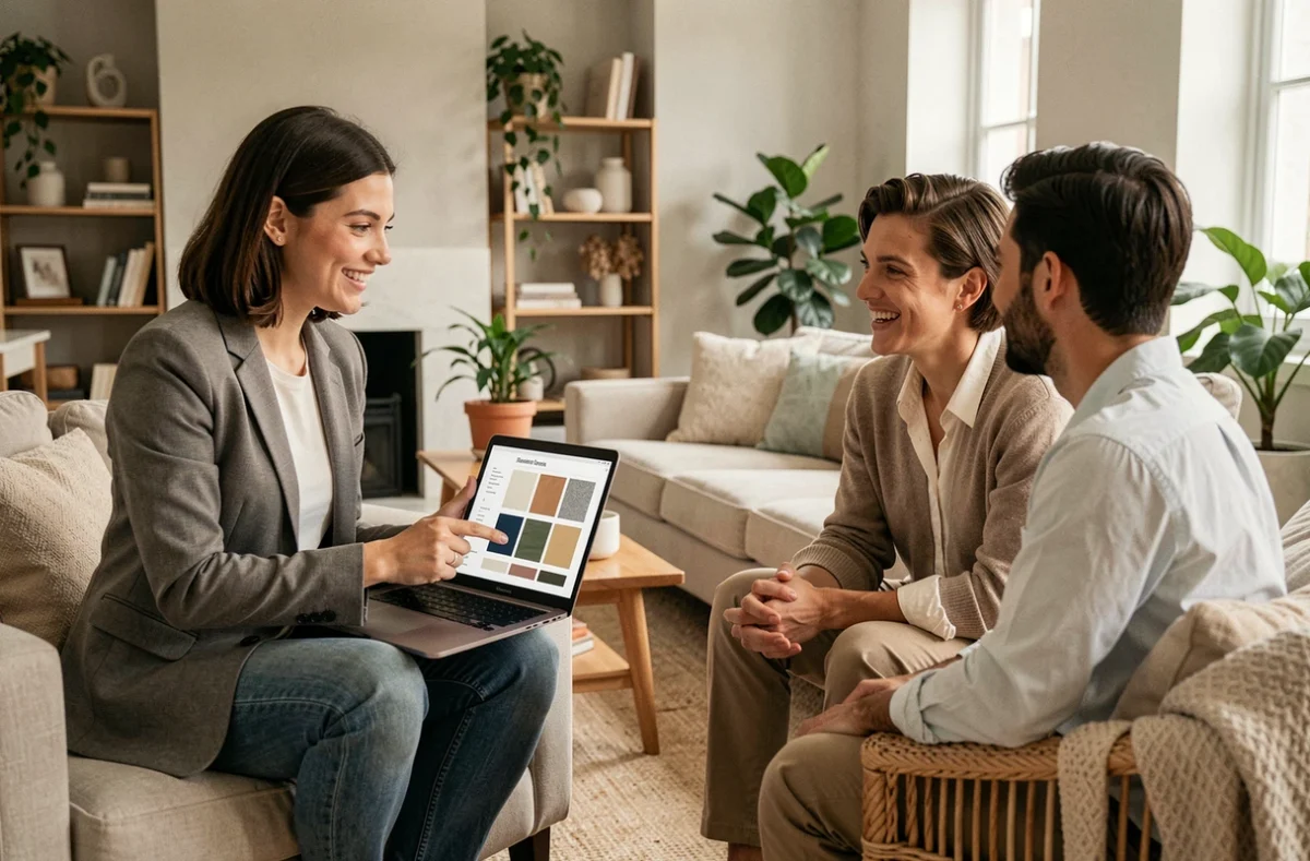 Consultante d'E-deco présentant un projet de décoration intérieure à des clients dans un salon moderne