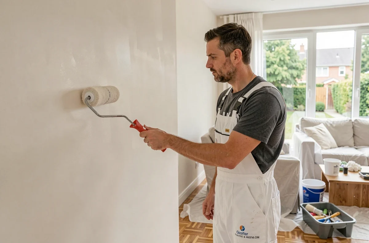 Artisan peintre de l'entreprise Kubas appliquant de la peinture sur un mur intérieur