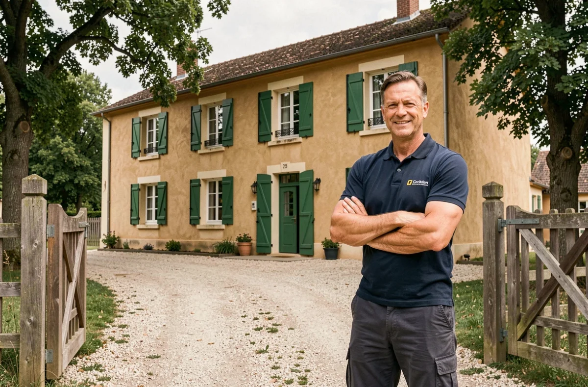 Entrepreneur de Eurl Lopez Renove Concept devant une maison de campagne entièrement rénovée en Seine-et-Marne