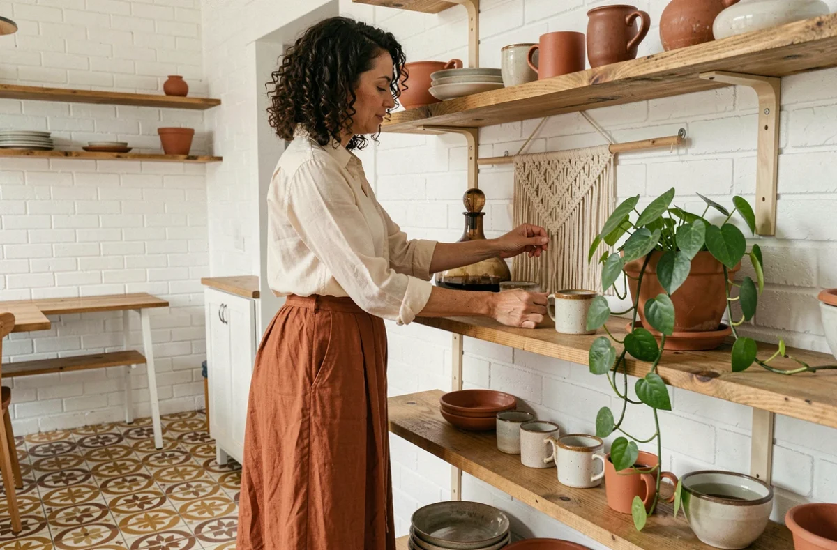 Femme arrangeant des objets vintage seventies sur une étagère en bois dans une cuisine décorée de carreaux rétro et de briques blanches