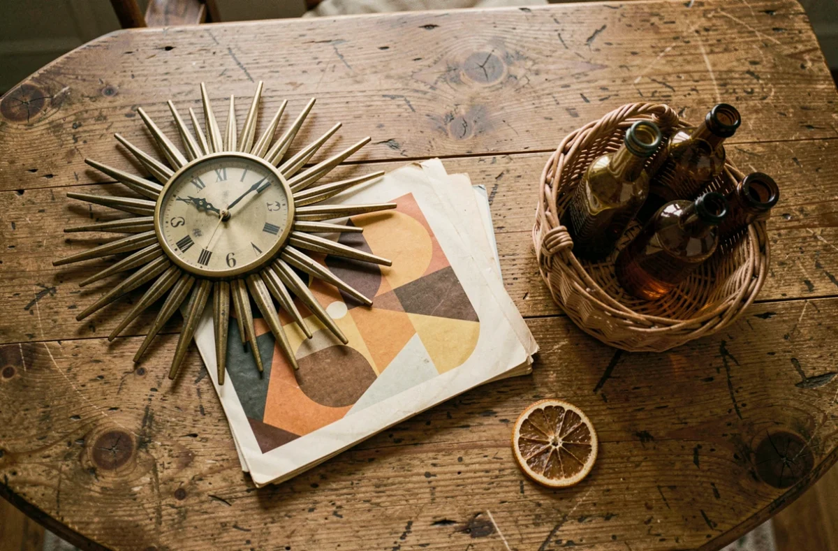 Flat-lay vintage de style années 70 avec horloge soleil en laiton, pochettes de vinyles géométriques et bouteilles en verre ambré sur table en chêne ancien