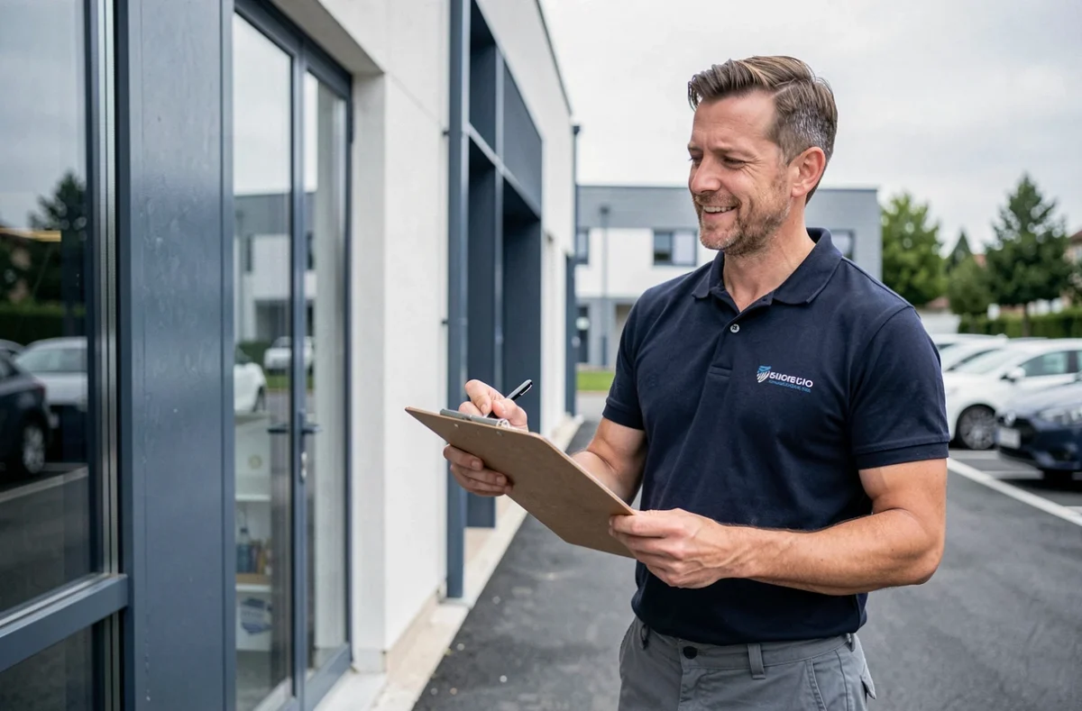 Technicien de GTI PRO inspectant une façade commerciale après travaux de peinture