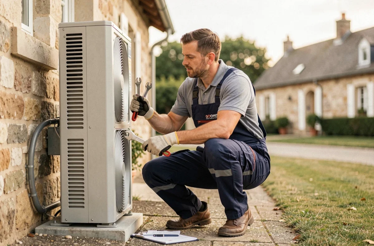 Technicien de Loire Clim Chauffage en train d'installer une pompe à chaleur sur la façade d'une maison en pierre dans la Loire