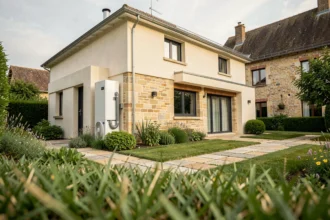 Vue d'ensemble d'une maison de la Loire équipée d'une pompe à chaleur extérieure, illustrant le classement des meilleurs installateurs de la région