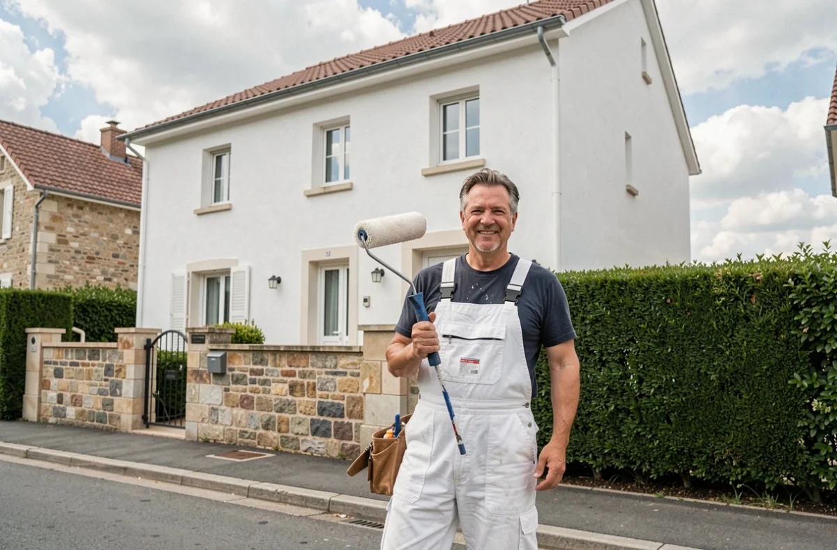 Peintre en bâtiment professionnel devant une maison rénovée en Seine-et-Marne
