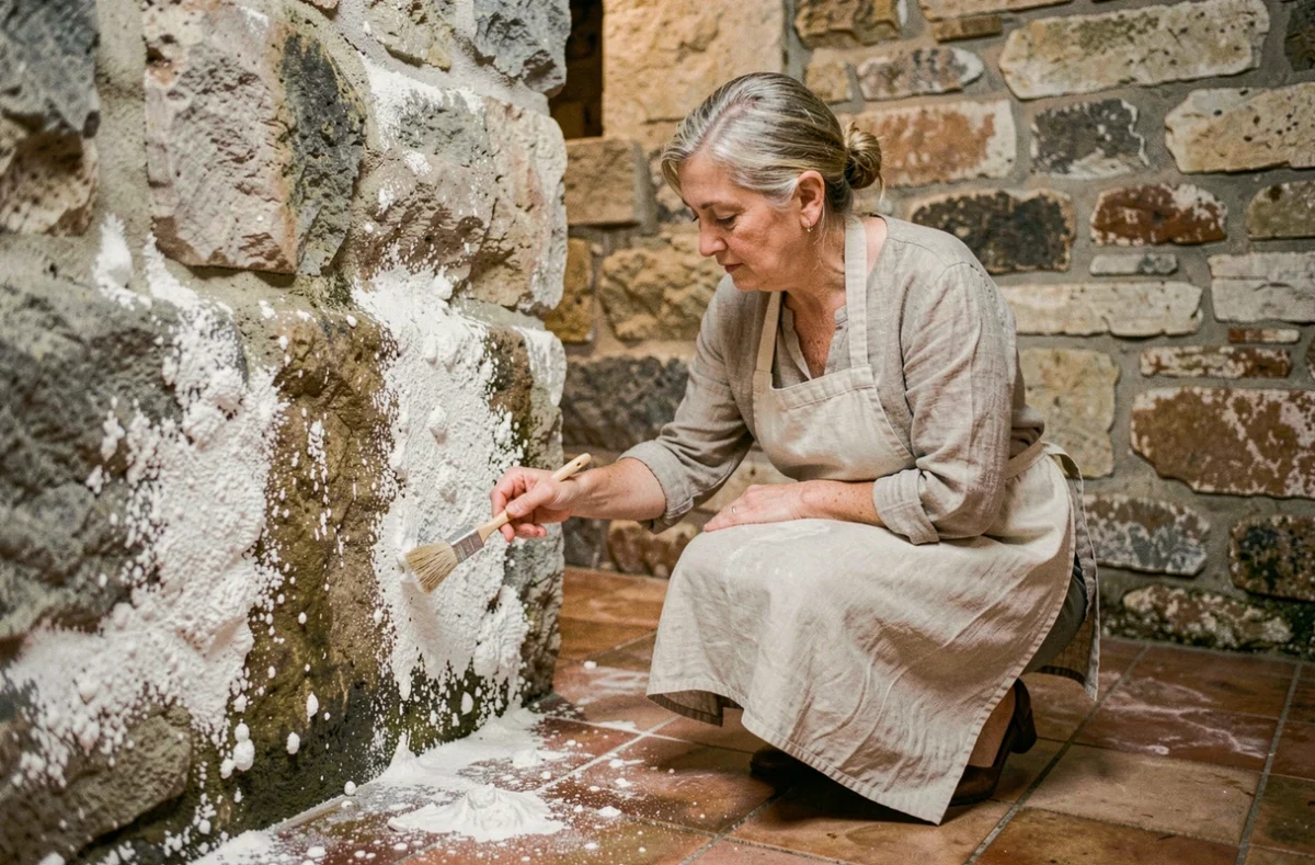 Femme appliquant un remède grand-mère contre le salpêtre sur un mur humide en pierre dans une cave ancienne
