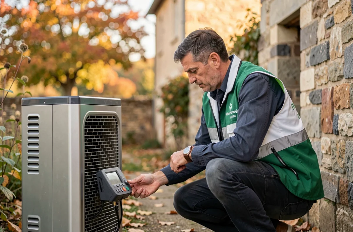 Spécialiste de Rénov'Énergie Loire inspectant une pompe à chaleur air-air installée dans le jardin d'une ferme de la Loire Valley