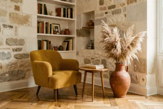 Salon aux accents seventies avec fauteuil bouclé moutarde, table en teck et vase en céramique terracotta dans un appartement parisien vintage
