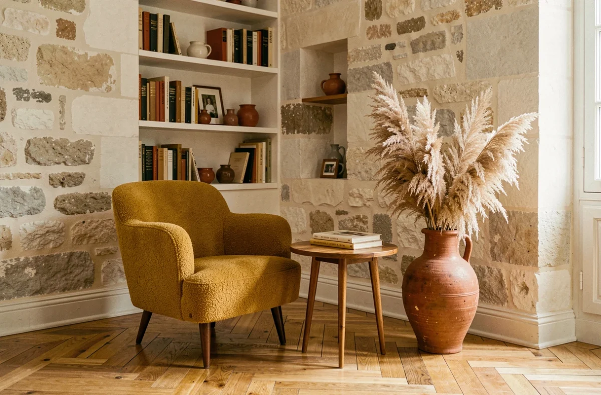 Salon aux accents seventies avec fauteuil bouclé moutarde, table en teck et vase en céramique terracotta dans un appartement parisien vintage