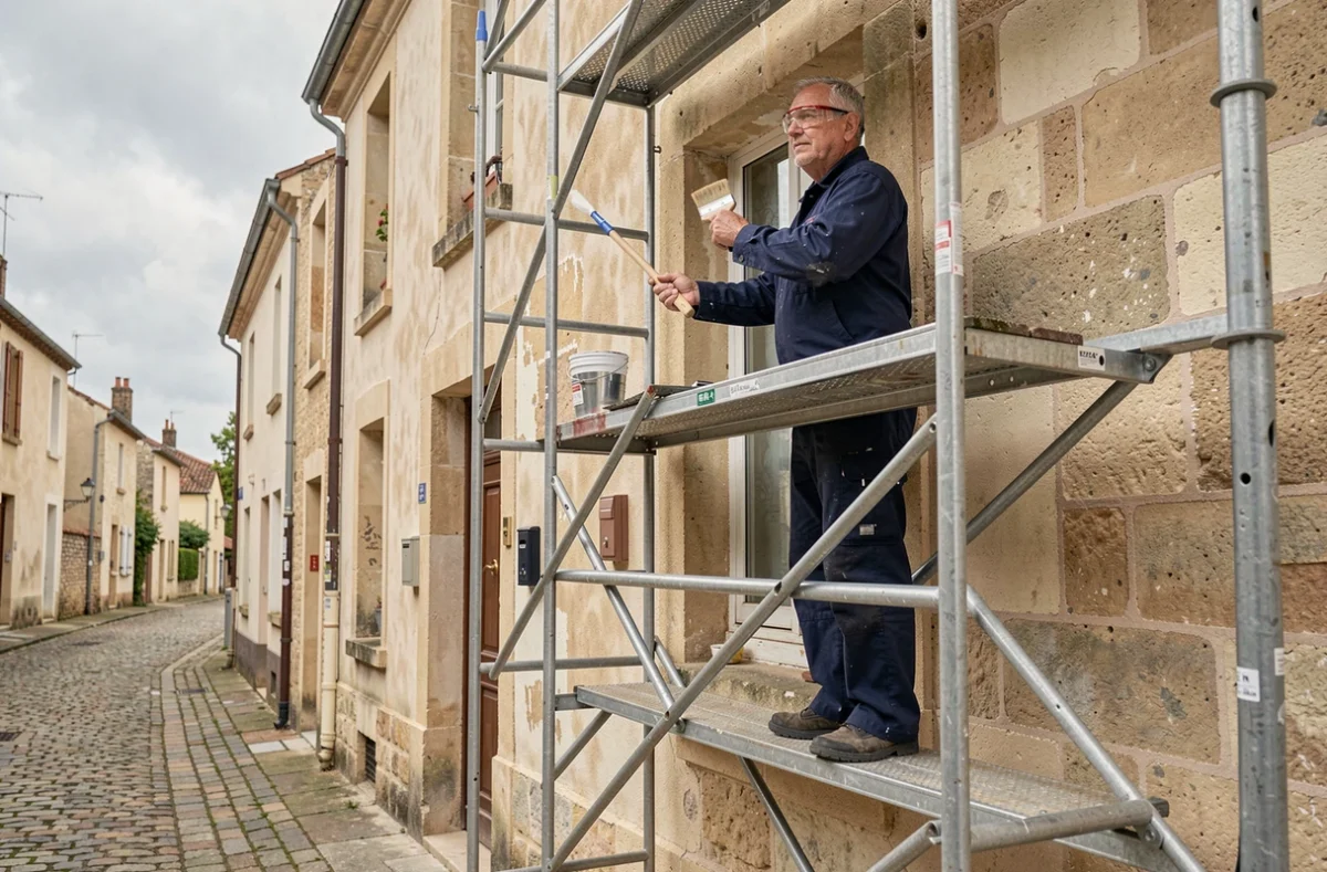 Artisan de S.N. Dubuisson SARL peignant la façade d'un bâtiment traditionnel en Seine-et-Marne