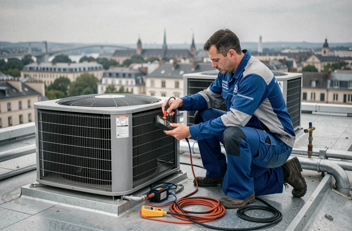 Technicien de la Société Stéphanoise de Climatisation effectuant la maintenance d'une pompe à chaleur commerciale en toiture à Saint-Étienne