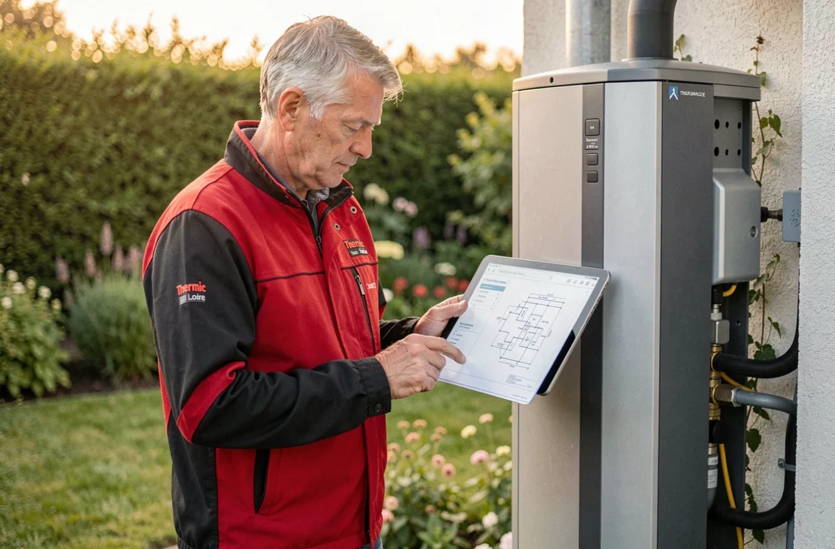 Ingénieur de Thermic Loire finalisant l'installation d'une pompe à chaleur géothermique dans le jardin d'une maison basse consommation dans la Loire