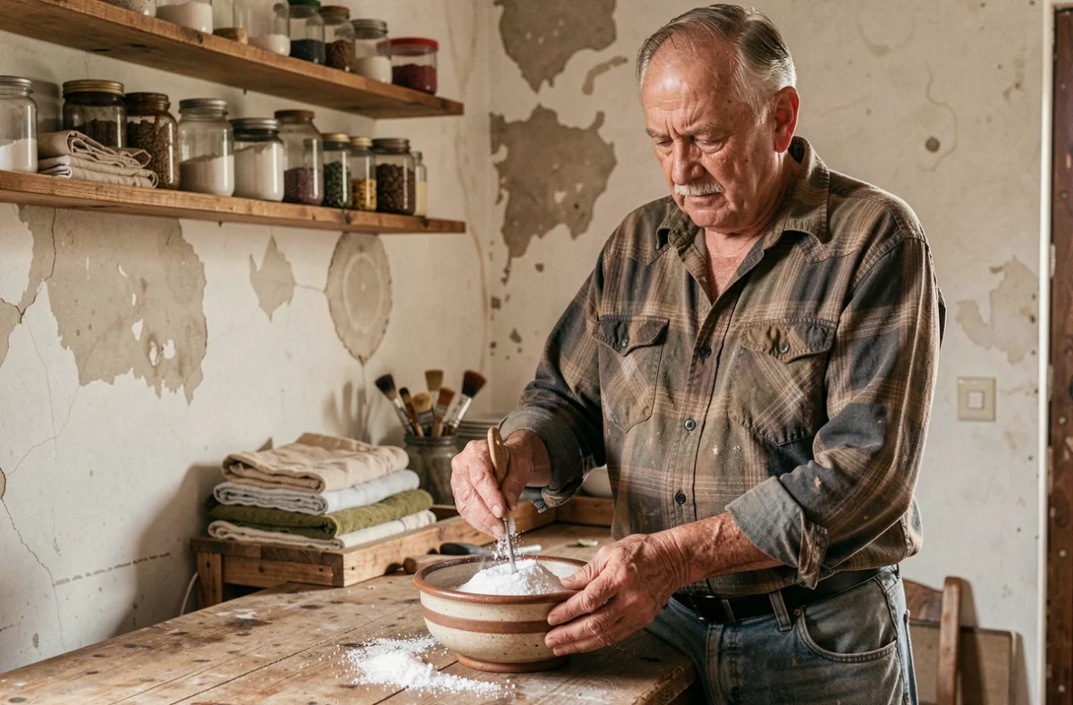 Homme âgé préparant un traitement traditionnel contre le salpêtre avec du bicarbonate et du gros sel dans une arrière-cuisine