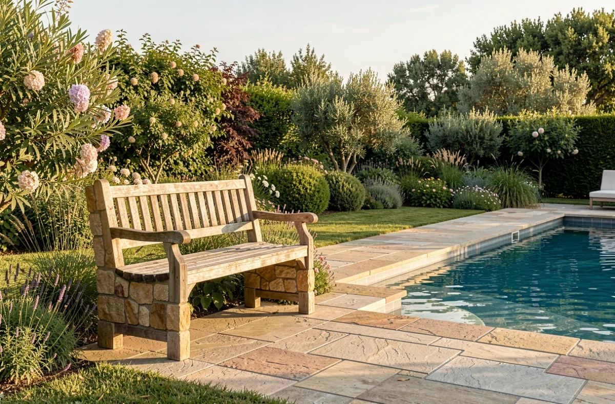 Banc de jardin sur une terrasse au bord d'une piscine