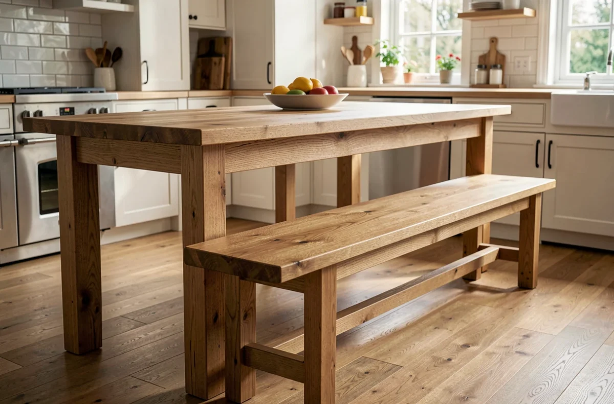 Banc de salle à manger glissé le long d'une table en chêne