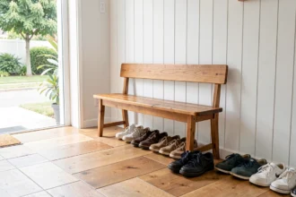Banc en bois dans une entrée lumineuse avec des chaussures rangées