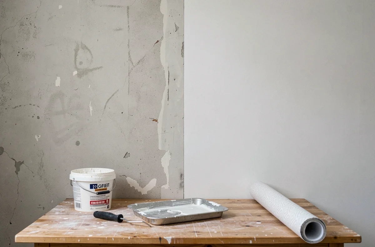 Comparaison entre un mur de cuisine non préparé et un mur enduit de sous-couche avant la pose d'un papier peint lavable